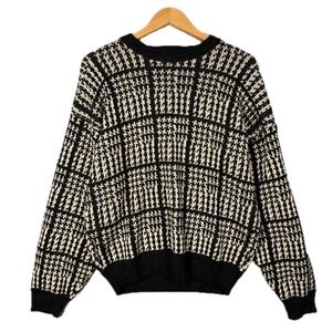 Claybrooke Crewneck Sweater Mens Plaid Medium Black Cream Acrylic Wool Vintage